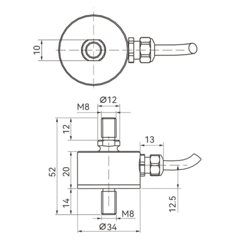 Dia25.4*H37mm Miniature Screw Threaded Rod Tension Compression Force Sensor Pull Push Double Way Load Cell drawing